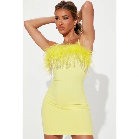 Fashion Nova | Dresses | Yellow Feather Mini Dress | Poshmark